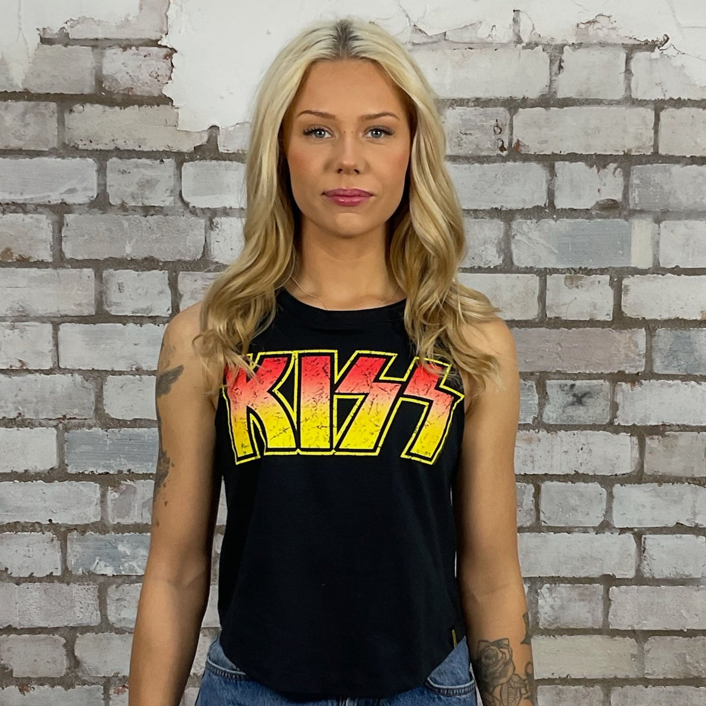 KISS Racerback tank top made from an upcycled graphic band tshirt, punk rock style street wear, athleisure wear, unwantees is a sustainable fashion brand, we take unwanted graphic tshirts otherwise destined for landfill and recycle clothing into vest tops for sports wear or leisure. Refashioned band merch, racerback Sleeveless Top