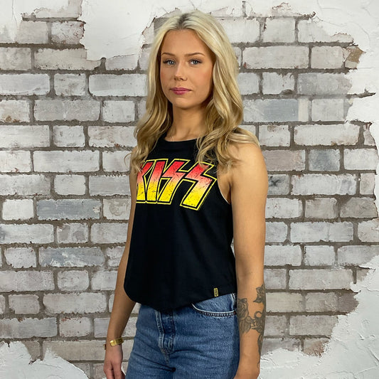 Racerback tank top made from an upcycled graphic band tshirt, KISS punk rock style street wear, athleisure wear, unwantees is a sustainable fashion brand, we take unwanted graphic tshirts otherwise destined for landfill and recycle clothing into vest tops for sports wear or leisure. Refashioned band merch, racerback Sleeveless Top