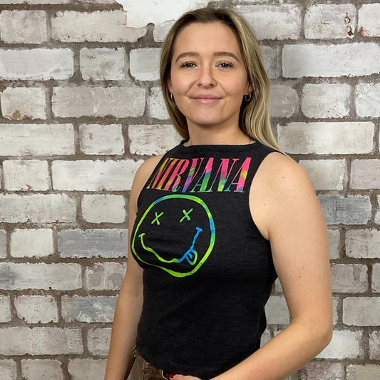 Nirvana band Tshirt Upcycled by Unwantees, Graphic print multi coloured Acid Face on Grey Tshirt jersey fabric, Festival Style Unwantee made from upcycled and deconstructed graphic tshirt, athleisure wear, unwantees is a sustainable fashion brand, we take unwanted graphic tshirts otherwise destined for landfill and recycle clothing into vest tops for sports wear or leisure. Refashioned band merch, Slash Neck Sleeveless Top