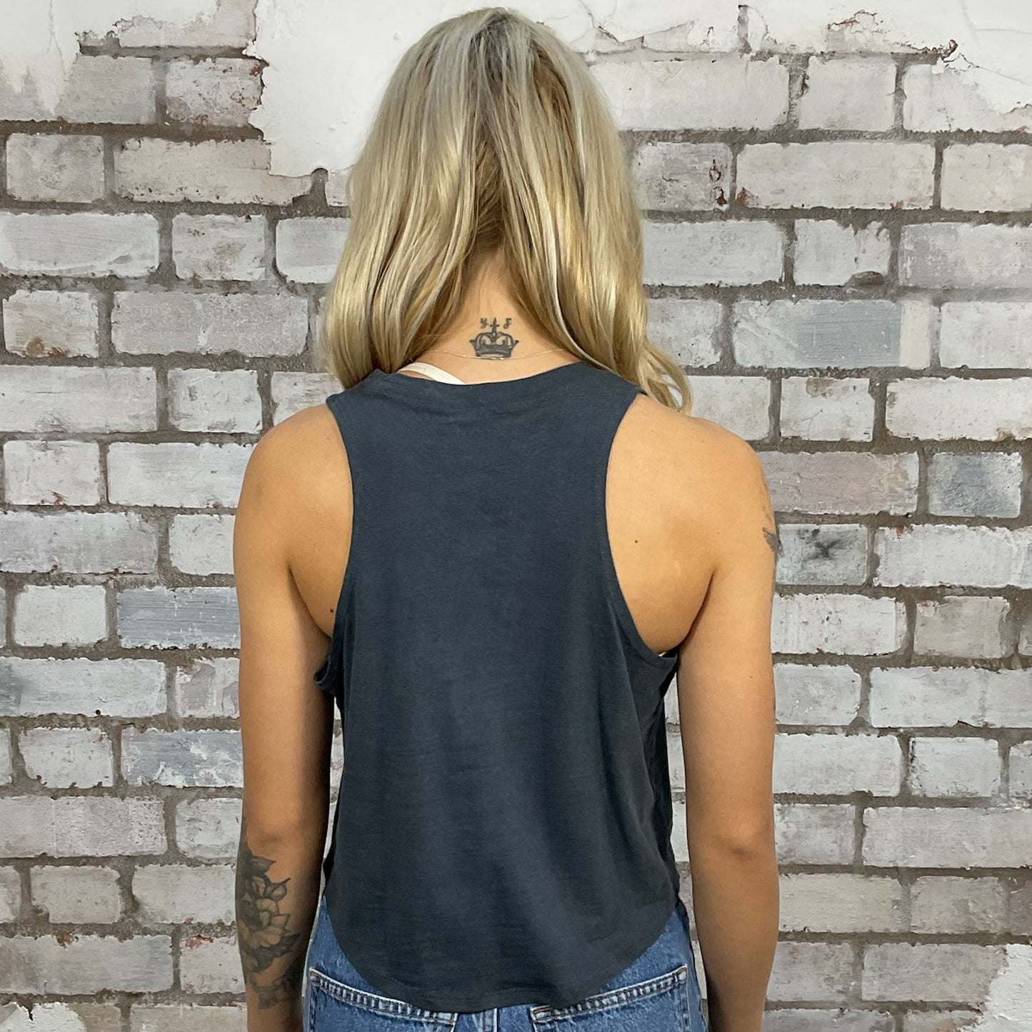For Those About to Rock, ACDC Racerback tank top made from an upcycled graphic band tshirt, punk rock style street wear, athleisure wear, unwantees is a sustainable fashion brand, we take unwanted graphic tshirts otherwise destined for landfill and recycle clothing into vest tops for sports wear or leisure. Refashioned band merch, racerback Sleeveless Top