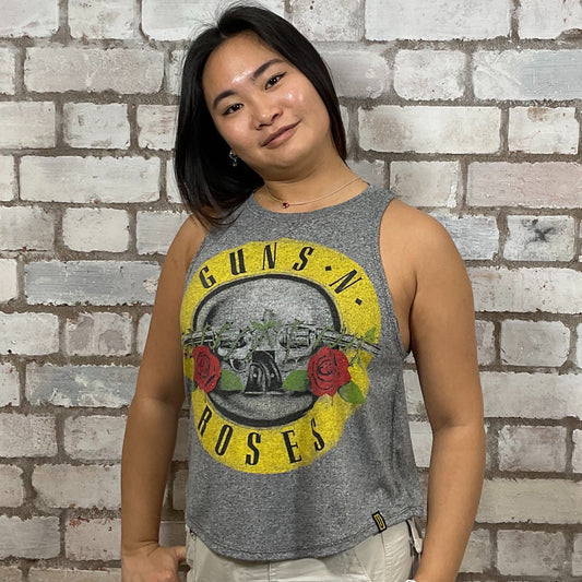 Classic Guns and Roses Motif Tshirt Upcycled by Unwantees, Guns’N’Roses Graphic print on grey marl Tshirt jersey fabric, Festival Style Unwantee made from upcycled and deconstructed graphic tshirt, athleisure wear, unwantees is a sustainable fashion brand, we take unwanted graphic tshirts otherwise destined for landfill and recycle clothing into vest tops for sports wear or leisure. Refashioned band merch, Slash Neck Sleeveless Top