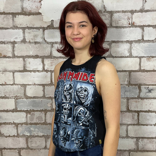 Iron Maiden The Many Faces of Eddie Tshirt Upcycled by Unwantees, Graphic print on black jersey fabric, Festival Style Unwantee made from upcycled and deconstructed graphic tshirt, athleisure wear, unwantees is a sustainable fashion brand, we take unwanted graphic tshirts otherwise destined for landfill and recycle clothing into vest tops for sports wear or leisure. Refashioned band merch, Slash Neck Sleeveless Top
