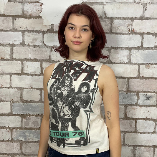 1976 KISS North American Tour Tshirt Upcycled by Unwantees, colourful Graphics on White jersey fabric, Festival Style Unwantee made from upcycled and deconstructed graphic tshirt, athleisure wear, unwantees is a sustainable fashion brand, we take unwanted graphic tshirts otherwise destined for landfill and recycle clothing into vest tops for sports wear or leisure. Refashioned band merch, Slash Neck Sleeveless Top