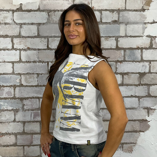 In Utero, Nirvana White Slash Neck tank top made from an upcycled graphic band tshirt, punk rock style street wear, athleisure wear, unwantees is a sustainable fashion brand, we take unwanted Y2K graphic tshirts otherwise destined for landfill and recycle clothing into vest tops for sports wear or leisure. Refashioned band merch, Sleeveless Top