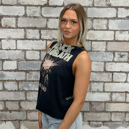Black Sabbath Tank Top upcycled in the UK by Unwantees from a graphic tshirt, sustainable upcycled fashion, slow fashion made in the UK