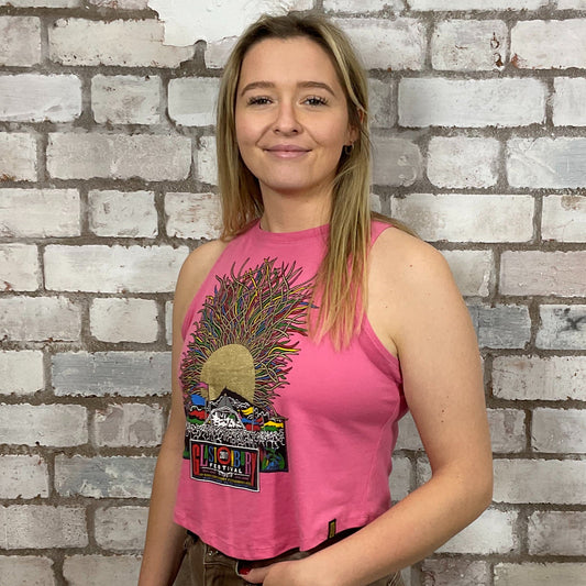Glastonbury Festival 2017 official merch Graphic on pink Tshirt Upcycled by Unwantees, colourful Graphics on pink jersey fabric, Festival Style Unwantee made from upcycled and deconstructed graphic tshirt, athleisure wear, unwantees is a sustainable fashion brand, we take unwanted graphic tshirts otherwise destined for landfill and recycle clothing into vest tops for sports wear or leisure. Refashioned band merch, Slash Neck Sleeveless Top
