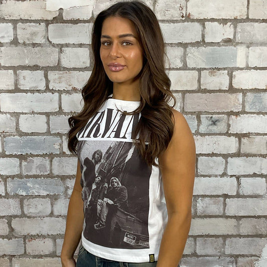 slash neck Nirvana print tank top made from an upcycled graphic band tshirt, punk rock style street wear, athleisure wear, unwantees is a sustainable fashion brand, we take unwanted Y2K graphic tshirts otherwise destined for landfill and recycle clothing into vest tops for sports wear or leisure. Refashioned band merch, Sleeveless Top