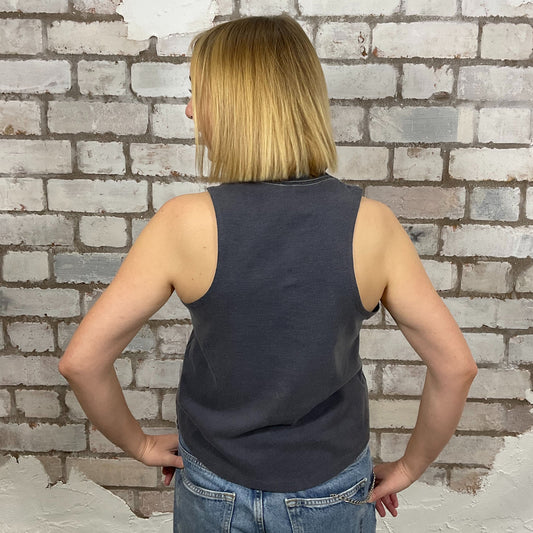Nirvana, Racerback tank in yellow graphic on faded grey T-shirt, top made from upcycled graphic band tshirt, punk rock style street wear, athleisure wear, unwantees is a sustainable fashion brand, we take unwanted graphic tshirts otherwise destined for landfill and recycle clothing into vest tops for sports wear or leisure. Refashioned band merch, Slash Neck Sleeveless Top