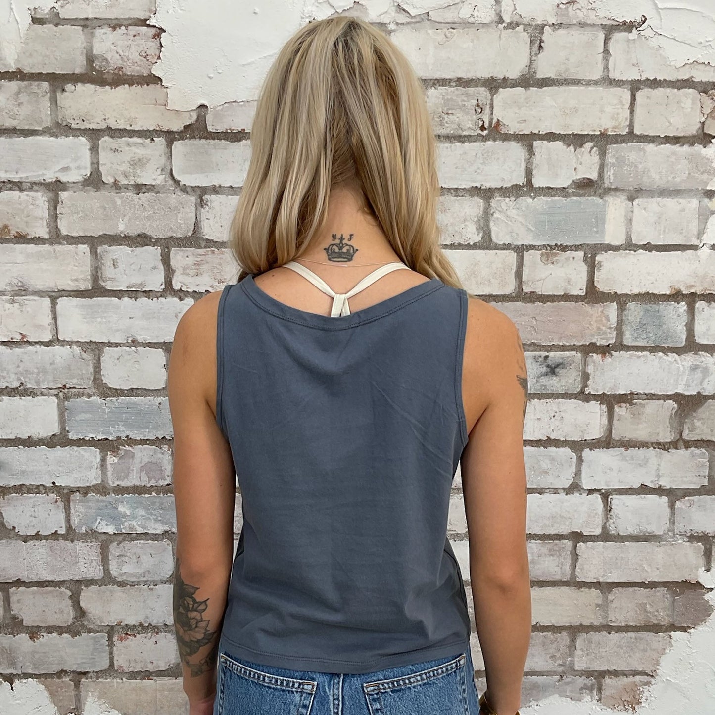 Slash Neck Grey Guns N Roses tank top made from an upcycled graphic band tshirt, punk rock style street wear, athleisure wear, unwantees is a sustainable fashion brand, we take unwanted Y2K graphic tshirts otherwise destined for landfill and recycle clothing into vest tops for sports wear or leisure. Refashioned band merch, Sleeveless Top