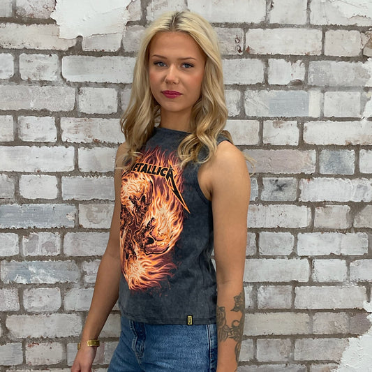 Metallica Tshirt band graphic print now a tank top, upcycled in the UK by unwantees. Sustainable fashion brand Unwantees recycled band merch tshirts otherwise destined for landfill. Sustainable upcycled fashion, Rock Music Style, sleeveless tank top, sustainable upcycled fashion, British recycled fashion brand