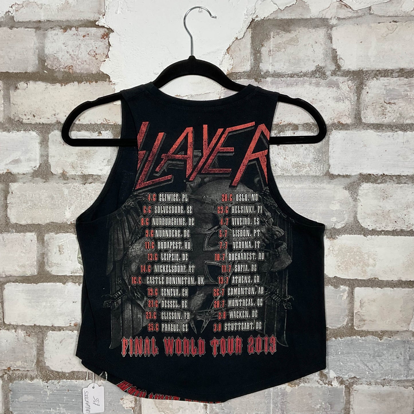 Rear View Slayer official Final World tour 2019 Double Sided merch graphics on black cotton Racerback Tank Top upcycled by Unwantees, sustainable fashion made in Great Britain from vintage graphic tshirt