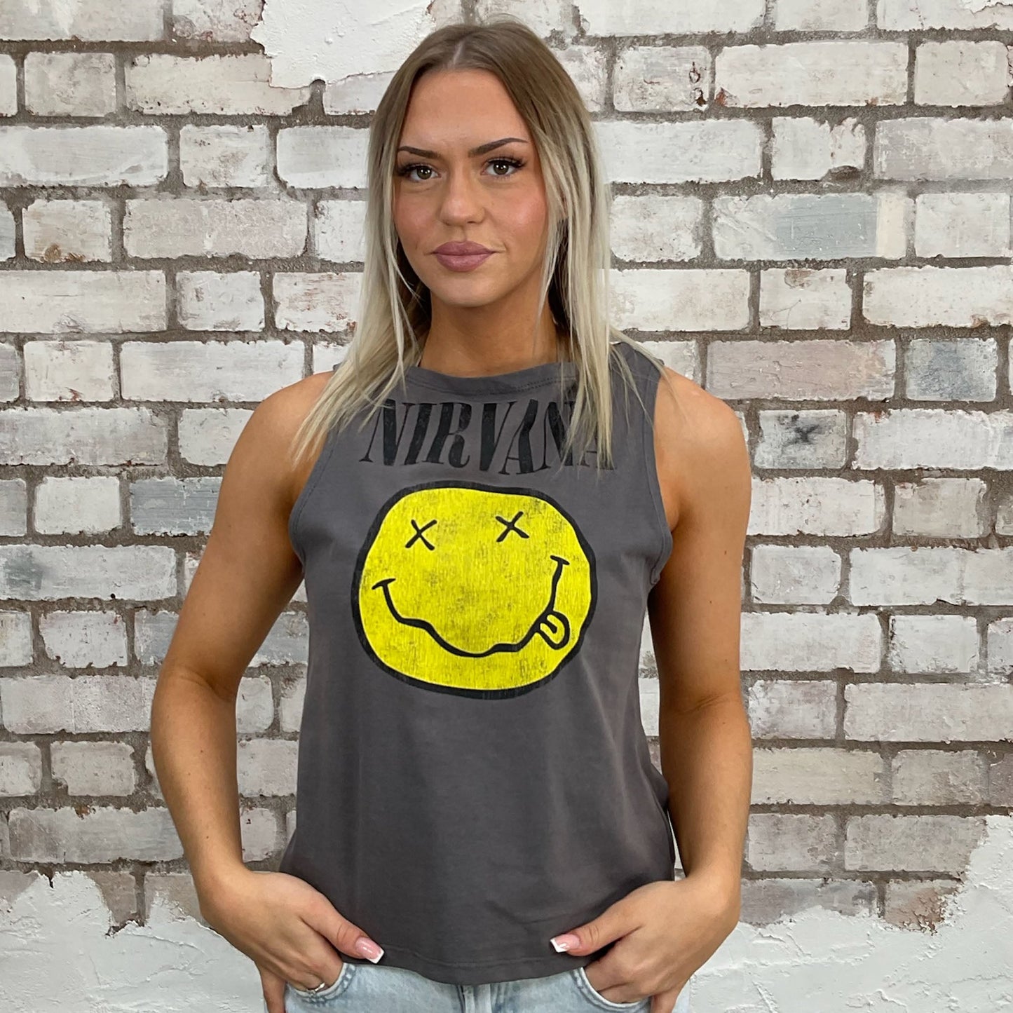 Nirvana Yellow Acid Face on dark grey graphic print tank top made from an upcycled graphic band tshirt, punk rock style street wear, athleisure wear, unwantees is a sustainable fashion brand, we take unwanted Y2K graphic tshirts otherwise destined for landfill and recycle clothing into vest tops for sports wear or leisure. Refashioned band merch, Sleeveless Slash neck Top