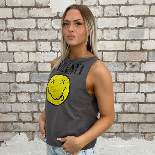 Yellow Acid Face Nirvana print on dark grey graphic print tank top made from an upcycled graphic band tshirt, punk rock style street wear, athleisure wear, unwantees is a sustainable fashion brand, we take unwanted Y2K graphic tshirts otherwise destined for landfill and recycle clothing into vest tops for sports wear or leisure. Refashioned band merch, Sleeveless Slash neck Top