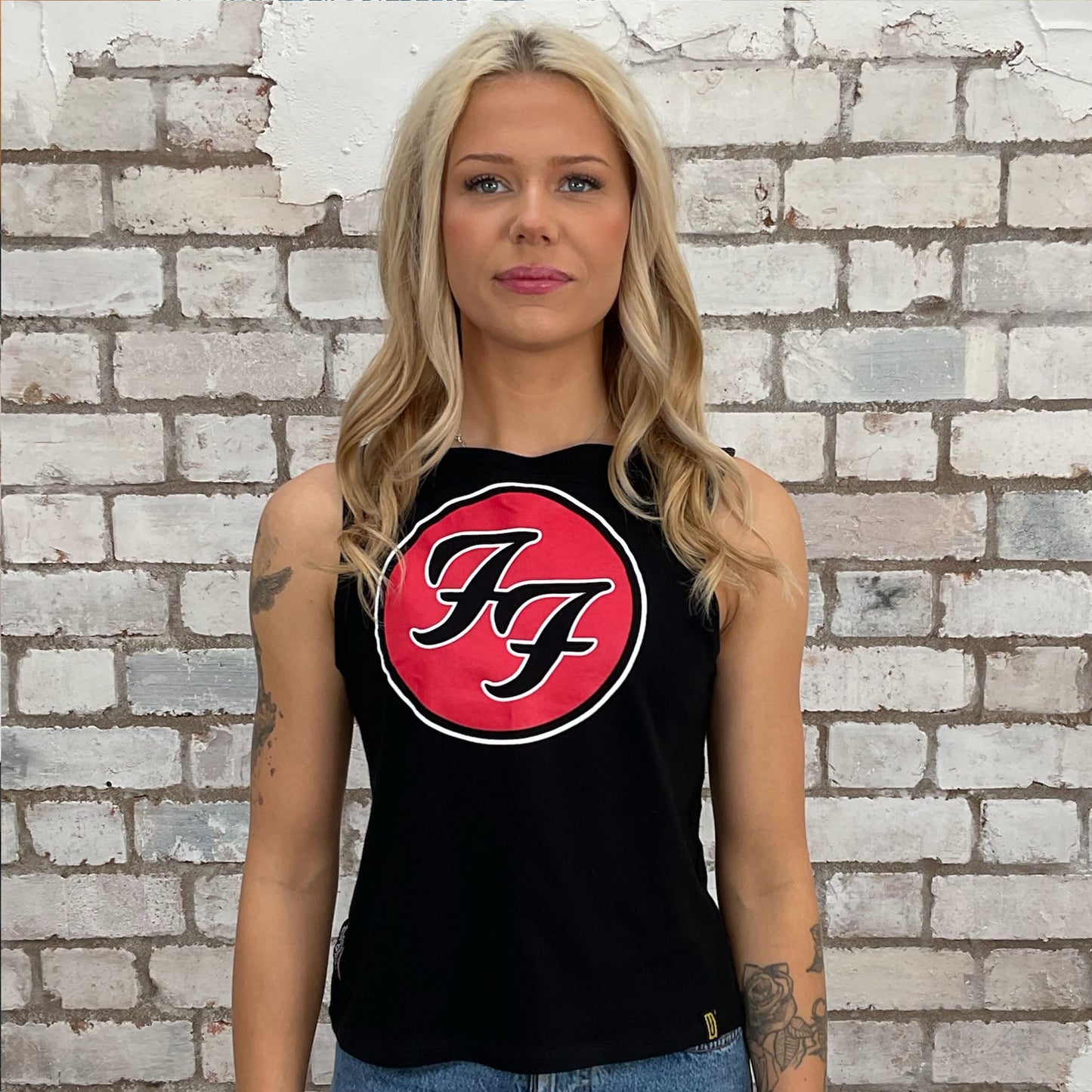 Classic Foo Fighters Motif graphic print tank top made from an upcycled graphic band tshirt, punk rock style street wear, athleisure wear, unwantees is a sustainable fashion brand, we take unwanted Y2K graphic tshirts otherwise destined for landfill and recycle clothing into vest tops for sports wear or leisure. Refashioned band merch, Sleeveless Slash neck Top