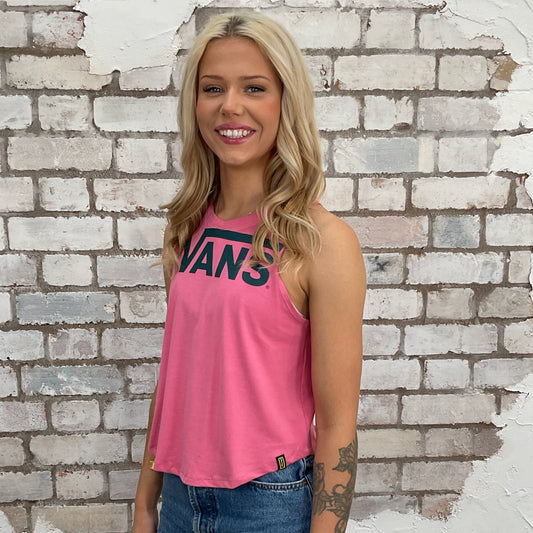 Vans graphic print tank top made from an upcycled graphic band tshirt, punk rock style street wear, athleisure wear, unwantees is a sustainable fashion brand, we take unwanted Y2K graphic tshirts otherwise destined for landfill and recycle clothing into vest tops for sports wear or leisure. Refashioned band merch, Sleeveless Racerback Top