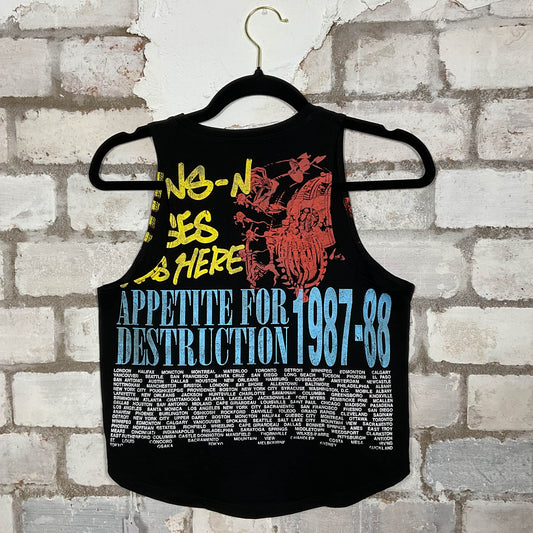 Rear view of Double Sided GNR Guns’N’Roses 1987/88 Tour Vintage Tshirt merch graphics on black cotton Racerback Tank Top upcycled by Unwantees, sustainable fashion made in Great Britain from vintage graphic tshirt