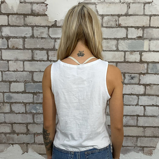 The Ramones Loco Live Print Slash neck tank top made from upcycled graphic band tshirt, punk rock style street wear, athleisure wear, unwantees is a sustainable fashion brand, we take unwanted graphic tshirts otherwise destined for landfill and recycle clothing into vest tops for sports wear or leisure. Refashioned band merch, Slash Neck Sleeveless Top