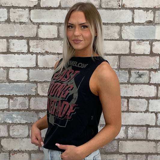 Last Young Renegade All Time Low Print Slash neck tank top made from upcycled graphic band tshirt, punk rock style street wear, athleisure wear, unwantees is a sustainable fashion brand, we take unwanted graphic tshirts otherwise destined for landfill and recycle clothing into vest tops for sports wear or leisure. Refashioned band merch, Slash Neck Sleeveless Top