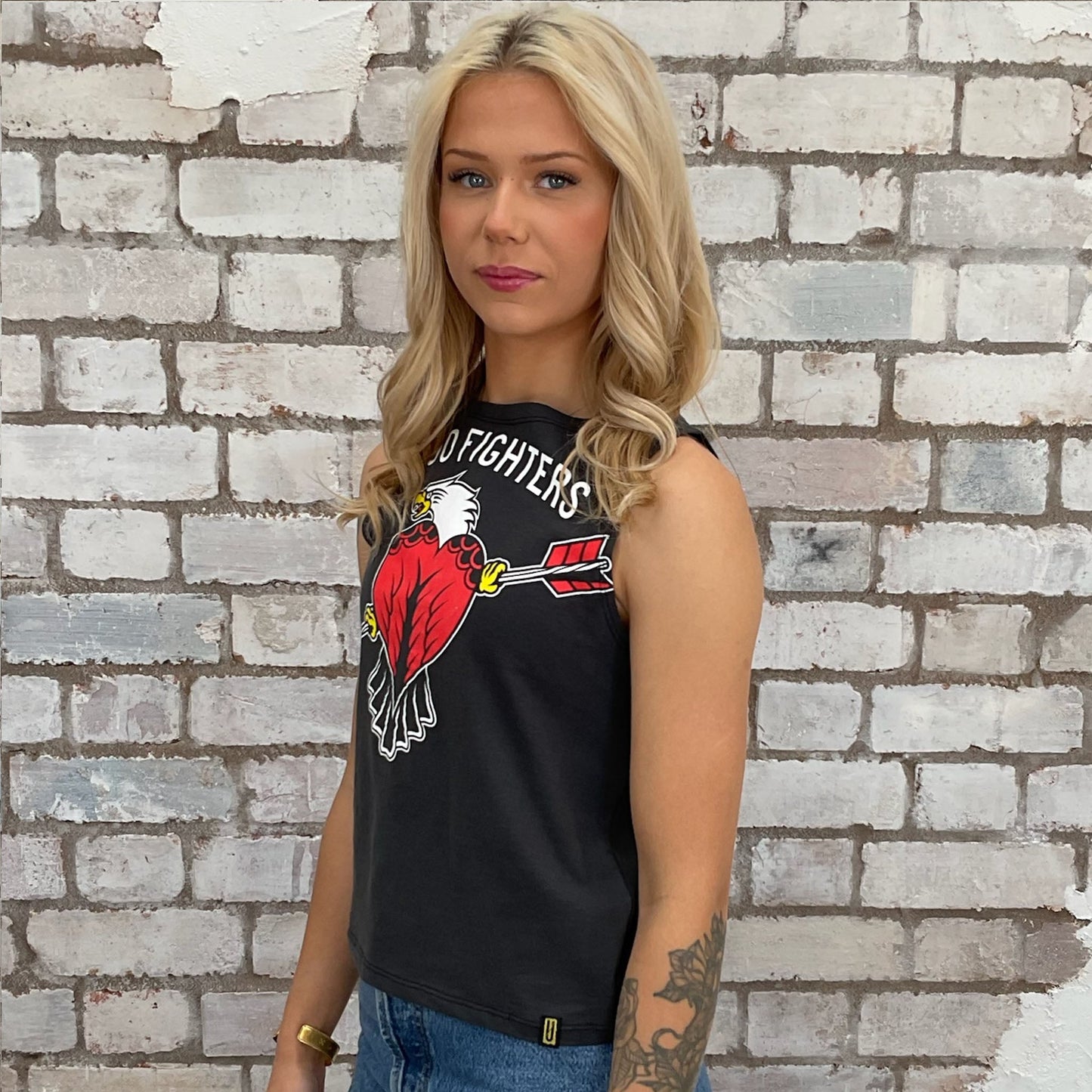 Foo Fighters Logo on black Slash neck tank top made from upcycled graphic band tshirt, punk rock style street wear, athleisure wear, unwantees is a sustainable fashion brand, we take unwanted graphic tshirts otherwise destined for landfill and recycle clothing into vest tops for sports wear or leisure. Refashioned band merch, Slash Neck Sleeveless Top