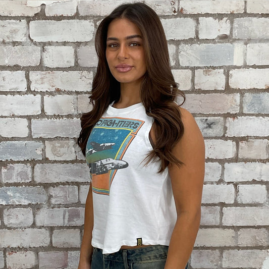 Plane Foo Fighters print on white racerback tank top made from upcycled graphic band tshirt, punk rock style street wear, athleisure wear, unwantees is a sustainable fashion brand, we take unwanted graphic tshirts otherwise destined for landfill and recycle clothing into vest tops for sports wear or leisure. Refashioned band merch, Slash Neck Sleeveless Top