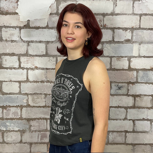 Guns’N’Roses Paradise City band merchandise n the style of Jack Daniels, made from upcycled and deconstructed graphic tshirt, punk rock style street wear, athleisure wear, unwantees is a sustainable fashion brand, we take unwanted graphic tshirts otherwise destined for landfill and recycle clothing into vest tops for sports wear or leisure. Refashioned band merch, Slash Neck Sleeveless Top
