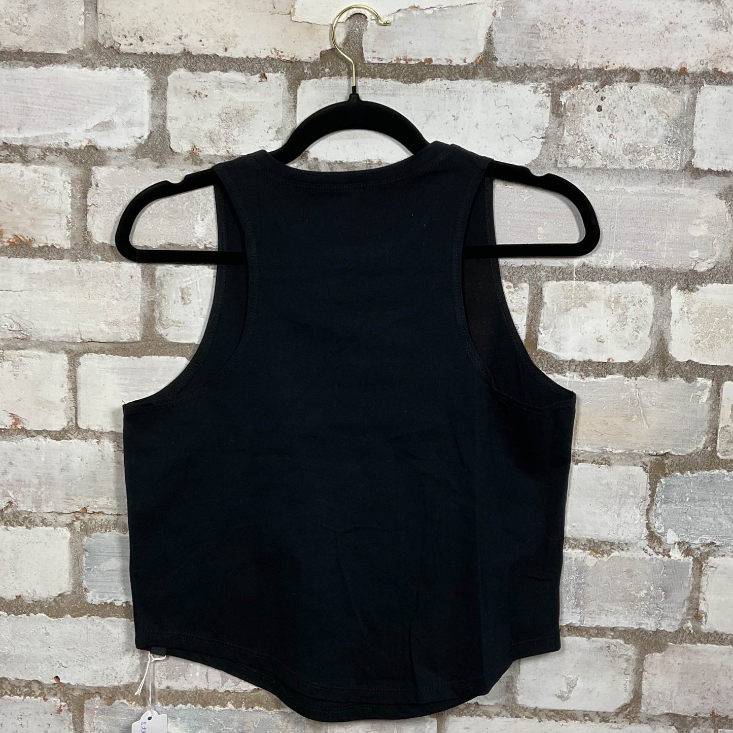 Rear View Love Sees No Colour Orange Text graphics on black cotton Racerback Tank Top upcycled by Unwantees, sustainable fashion made in Great Britain from vintage graphic tshirt