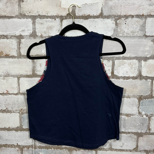 Rear view of OASIS Brit Pop Classic logo merch graphics on Navy cotton Racerback Tank Top upcycled by Unwantees, sustainable fashion made in Great Britain from vintage graphic tshirt