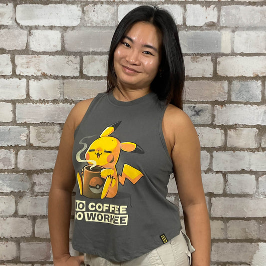 No Coffee No Workee Pokeman style graphic print Unwantee made from upcycled and deconstructed graphic tshirt, punk rock style street wear, athleisure wear, unwantees is a sustainable fashion brand, we take unwanted graphic tshirts otherwise destined for landfill and recycle clothing into vest tops for sports wear or leisure. Refashioned band merch, Slash Neck Sleeveless Top