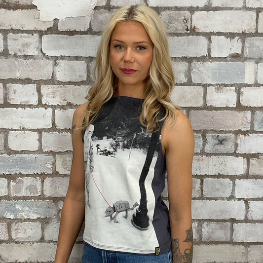 Sustainable fashion brand Unwantees recycled Star Wars tshirt otherwise destined for landfill. torm Trooper on a leisurely dog walk in the park, Star Wars Inspired graphic tshirt upcycled by Unwantees, Slash Neck tank top, upcycled in the UK by unwantees. Sustainable upcycled fashion, rock Music Style, sleeveless tank top, sustainable upcycled fashion, British recycled fashion brand, slow fashion, eco conscious fashion