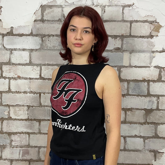 Foo Fighters classic band motif in red against a black tshirt background graphic print Unwantee made from upcycled and deconstructed graphic tshirt, punk rock style street wear, athleisure wear, unwantees is a sustainable fashion brand, we take unwanted graphic tshirts otherwise destined for landfill and recycle clothing into vest tops for sports wear or leisure. Refashioned band merch, Slash Neck Sleeveless Top