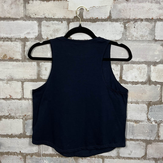 Rear View Blur Band Photo Tshirt merch graphics on blue cotton Racerback Tank Top upcycled by Unwantees, sustainable fashion made in Great Britain from vintage graphic tshirt