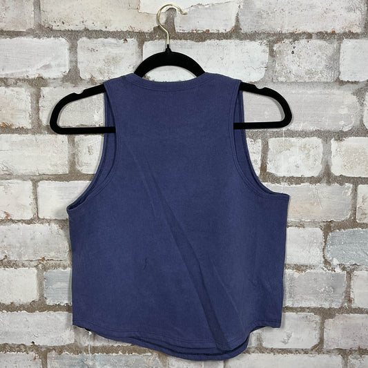 Rear View Lucky Number 8 Limited Edition graphic on blue cotton Racerback Tank Top upcycled by Unwantees, sustainable fashion made in Great Britain from vintage graphic tshirt