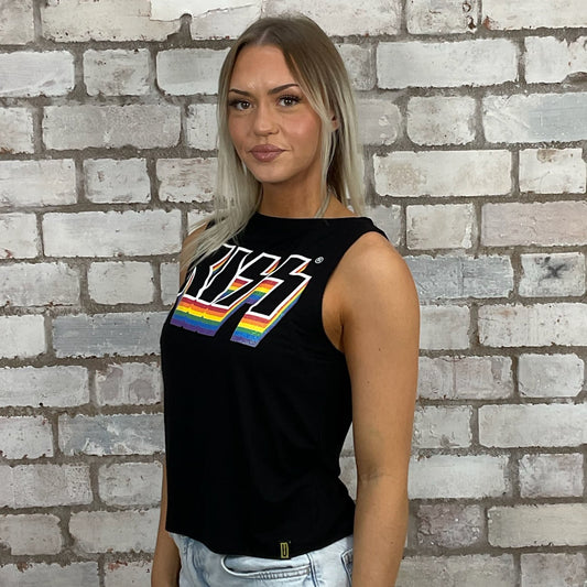 Rock Band KISS tshirt recycled into sleeveless vest top, sustainable upcycled fashion, British recycled fashion brand, slow fashion, eco conscious fashion graphic tshirt upcycled by Unwantees, recycled tshirt otherwise destined for landfill. Punk Rock music style graphic tshirt upcycled by Unwantees, Slash Neck tank top, upcycled in the UK by unwantees. Sustainable upcycled fashion