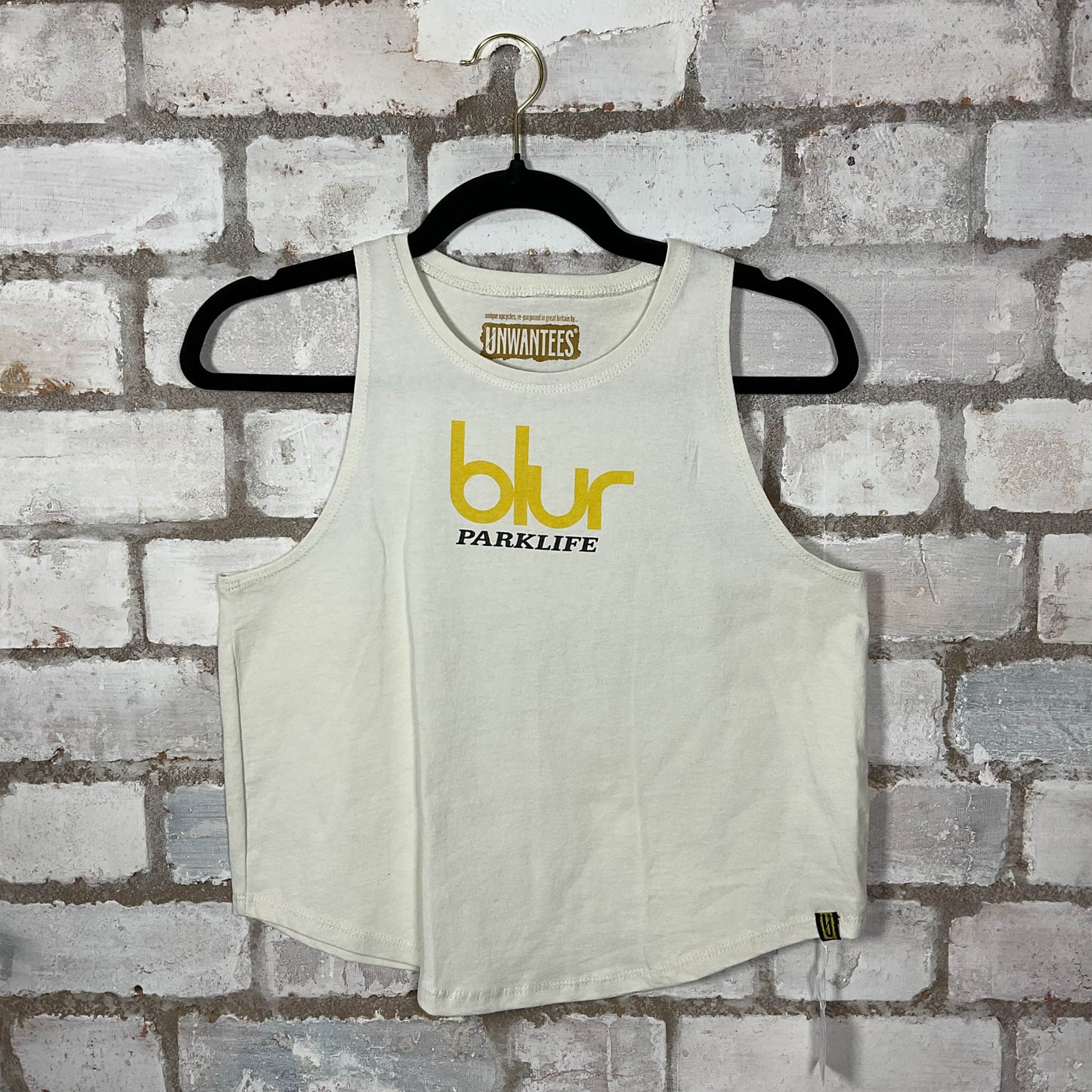 Rear View of Blur Parklife Double Sided print Racerback Tank Top upcycled by Unwantees, sustainable fashion made in great Britain from vintage graphic tshirt