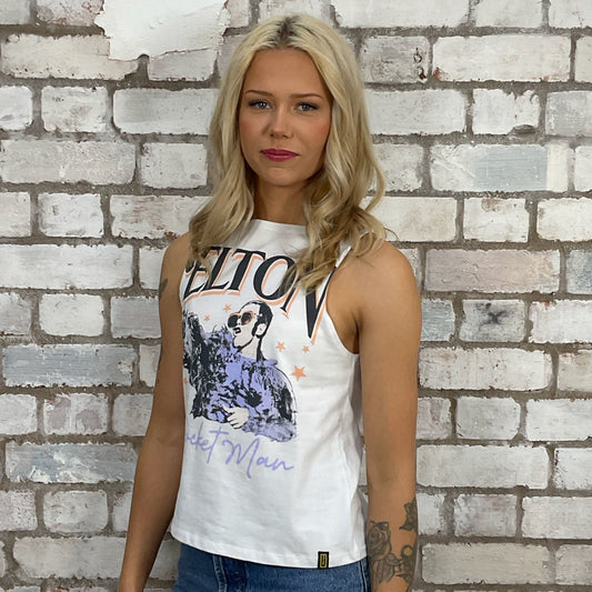 Elton John Rocket man tshirt recycled into sleeveless vest top, sustainable upcycled fashion, British recycled fashion brand, slow fashion, eco conscious fashion graphic tshirt upcycled by Unwantees, recycled tshirt otherwise destined for landfill. Punk Rock music style graphic tshirt upcycled by Unwantees, Slash Neck tank top, upcycled in the UK by unwantees. Sustainable upcycled fashion