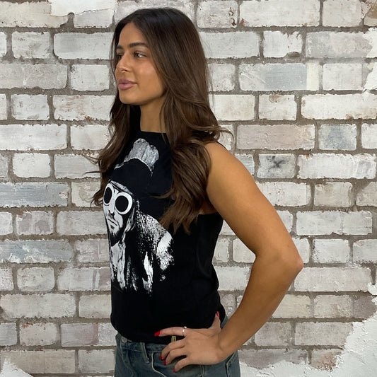 Kurt Cobain in White Sunglasses tshirt recycled into sleeveless vest top, sustainable upcycled fashion, British recycled grunge brand, slow fashion, eco conscious fashion graphic tshirt upcycled by Unwantees, recycled tshirt otherwise destined for landfill. Nirvana Punk Rock music style graphic tshirt upcycled by Unwantees, Slash Neck tank top, upcycled in the UK by unwantees. Sustainable upcycled fashion