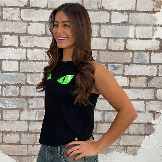 Cats Eyes eco conscious fashion graphic cats eyes graphic tshirt upcycled by Unwantees recycled tshirt otherwise destined for landfill. Graphic tshirt recycled into sleeveless vest top, sustainable upcycled fashion, British recycled grunge brand, slow fashion, Halloween Punk Rock music style graphic tshirt upcycled by Unwantees, Racerback tank top, upcycled in the UK by unwantees. Sustainable upcycled fashion