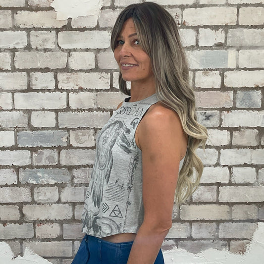 Dark Dreams, Dreamcatcher tank top, Whimsical vest, grey vest top, Unwantees, recycled fashion, sustainable clothing, yoga vest, athleisure wear, streetwear, up cycle project by Unwantees