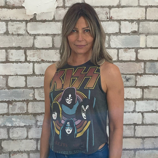 KISS Alive Tour 1997 tank top, World Tour KISS Tshirt Upcycle by Unwantees, KISS graphic tshirt, up cycle by Unwantees, www.unwantees.co.uk