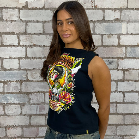 Tattoo design tank top, London tattoo show vest, sustainable fashion, recycled fashion, upcycled fashion, sustainable fashion
upcycled clothing
eco-friendly fashion
reworked fashion
ethical clothing brand
slow fashion