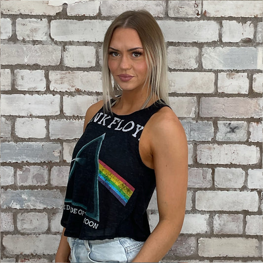black tank top with pink floyd graphic print, sustainable fashion, recycled tshirts made in the UK, slow fashion