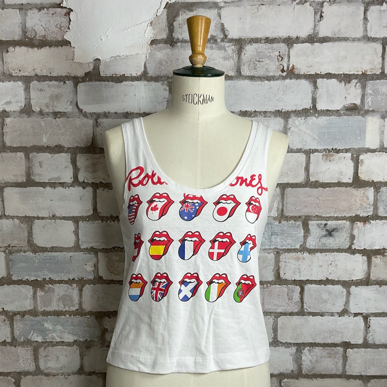 Rolling Stones multi international lips tank top, sustainable clothing, upcycled tshirt, recycled tshirt, fashion upcycled, Unwantees, vest top, where to buy eco-friendly vest tops, eco-friendly clothing UK