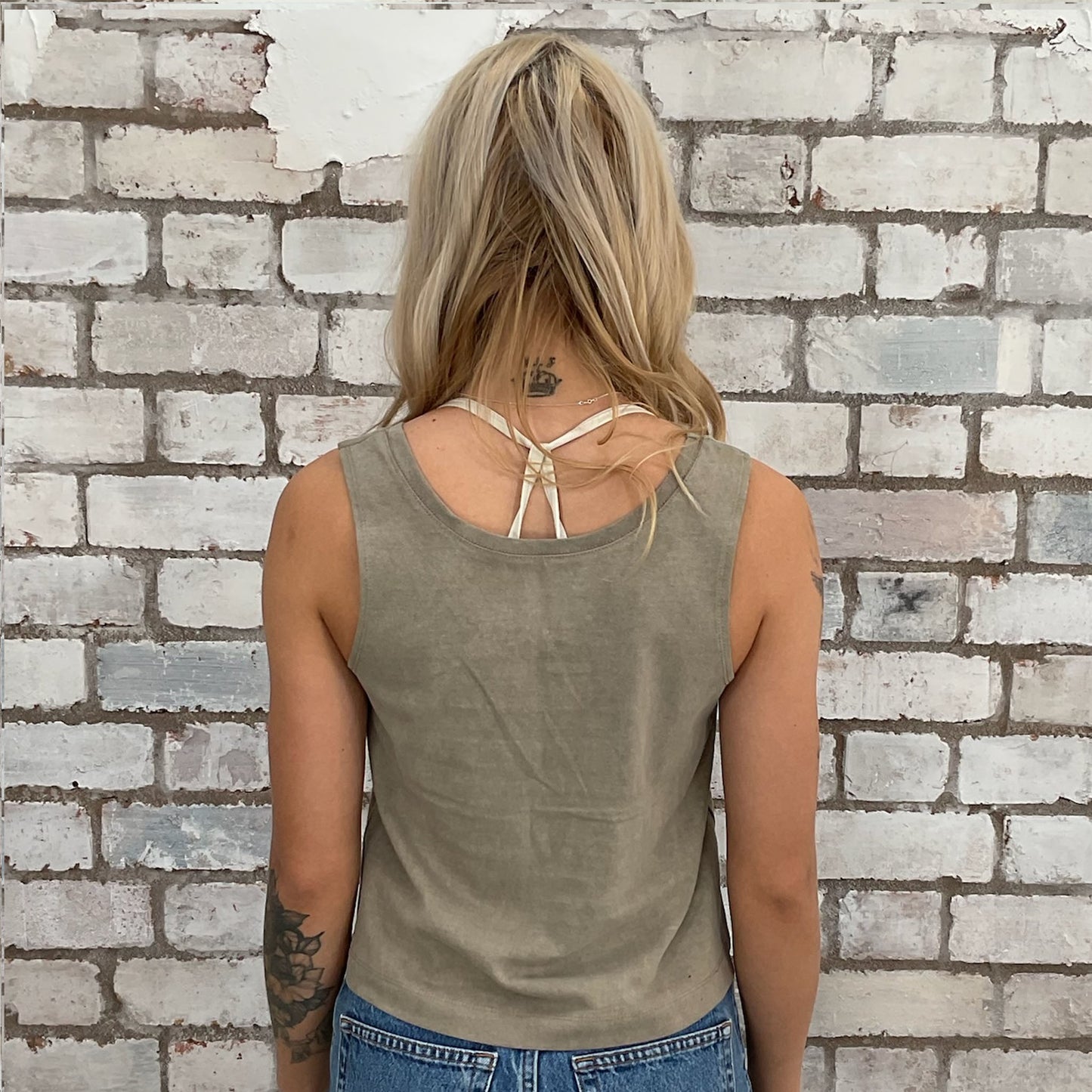 sustainable fashion, athleisure wear, vest top, sleeveless top, taupe vest