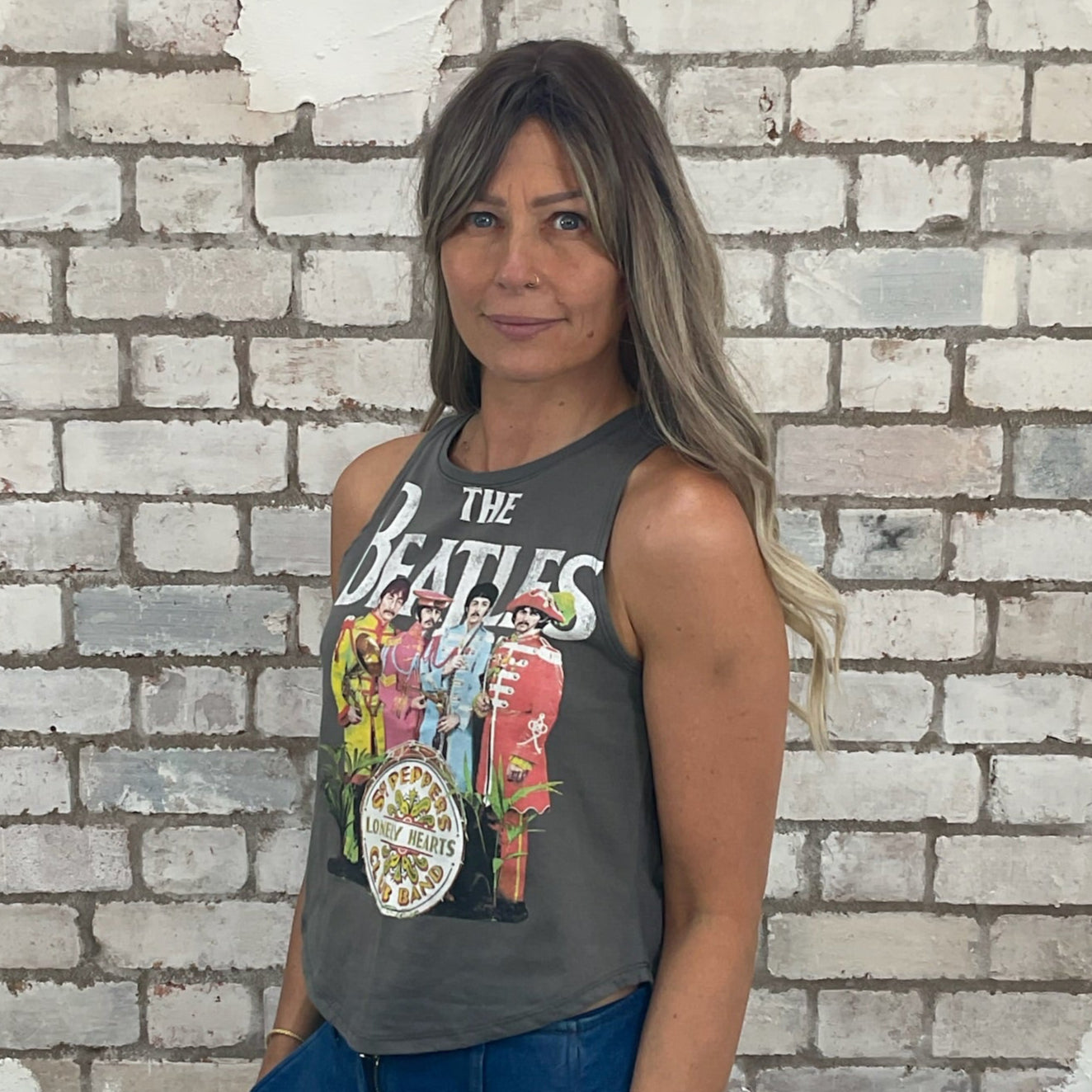 The Beatles, St. Peppers Lonely Hearts Tank top, Beatles Vest Top, The Beatles TShirt Up cycle by Unwantees, Racerback tank top, recycled fashion, www.unwantees.co.uk, grey beatles printed tank top