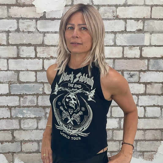 One-of-a-kind Black Sabbath graphic Racerback Unwantee tank top side view, upcycled, sustainable, made in Britain