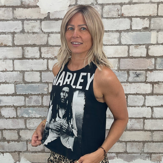 One-of-a-kind Bob Marley graphic Racerback Unwantee tank top side view, upcycled, sustainable, made in Britain