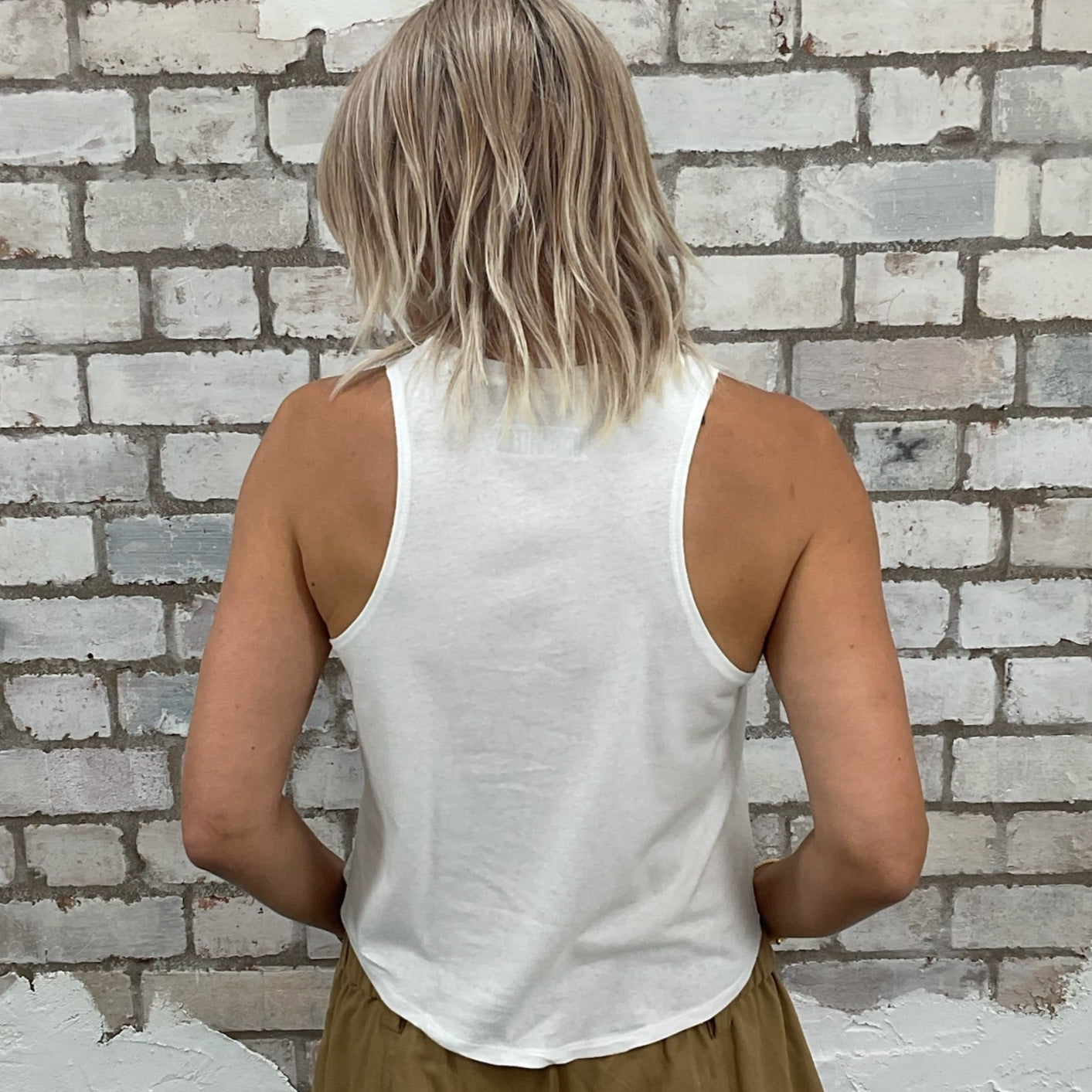 One-of-a-kind Britney Spears 90s print graphic Racerback Unwantee tank top back view, upcycled, sustainable, made in Britain