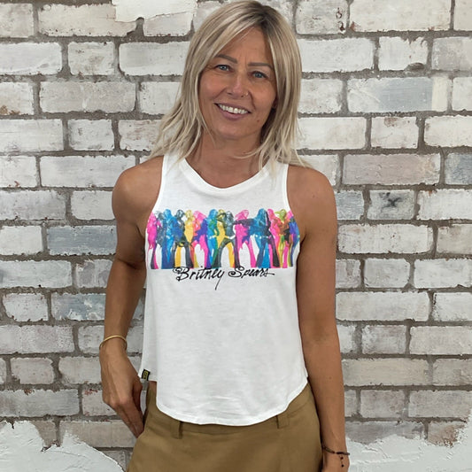 One-of-a-kind Britney Spears 90s print graphic Racerback Unwantee tank top close-up view, upcycled, sustainable, made in Britain