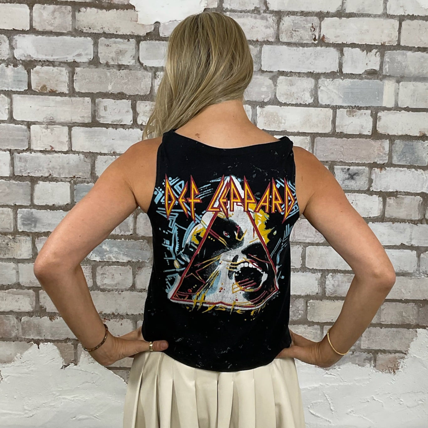 One-of-a-kind Def Leppard Hysteria Tour reversible graphic Slash Neck Unwantee tank top back view, upcycled, sustainable, made in Britain