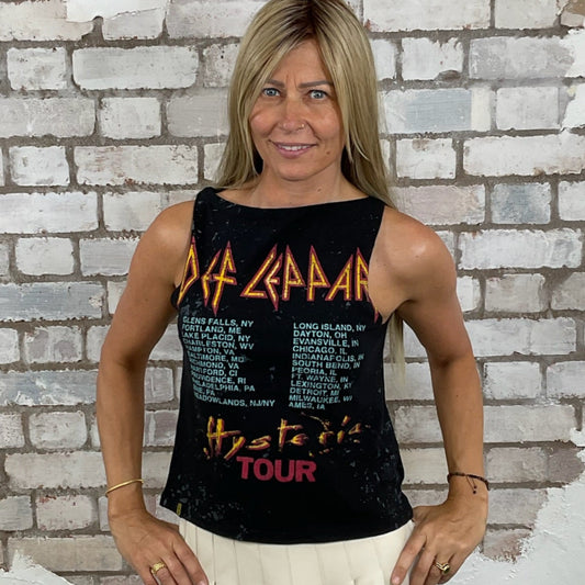 One-of-a-kind Def Leppard Hysteria Tour reversible graphic Slash Neck Unwantee tank top close-up view, upcycled, sustainable, made in Britain